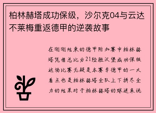 柏林赫塔成功保级，沙尔克04与云达不莱梅重返德甲的逆袭故事