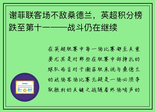 谢菲联客场不敌桑德兰，英超积分榜跌至第十一——战斗仍在继续